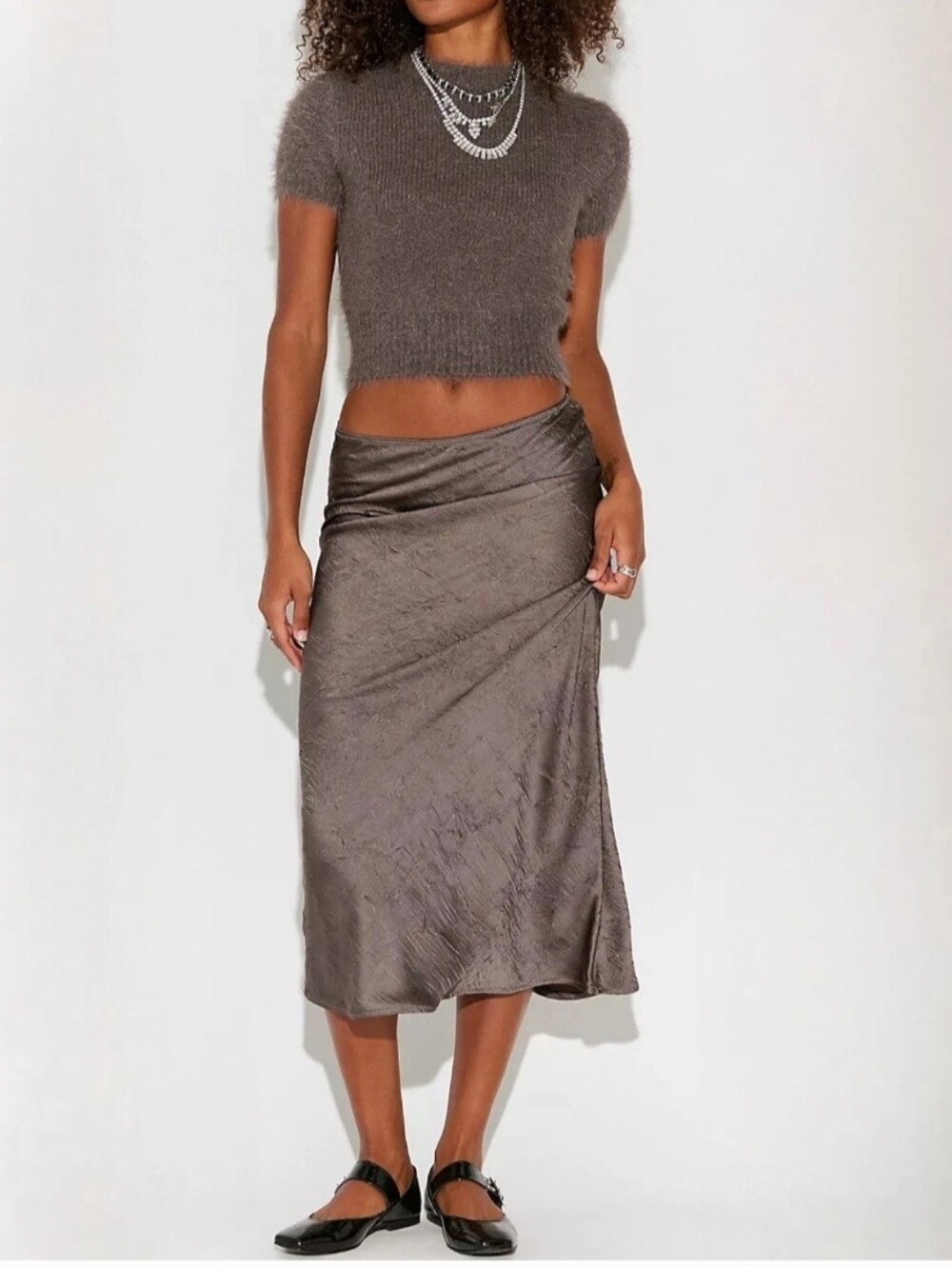 Free People Alexandra Satin Maxi Skirt Set Sweater Crop Top Gray L NWT